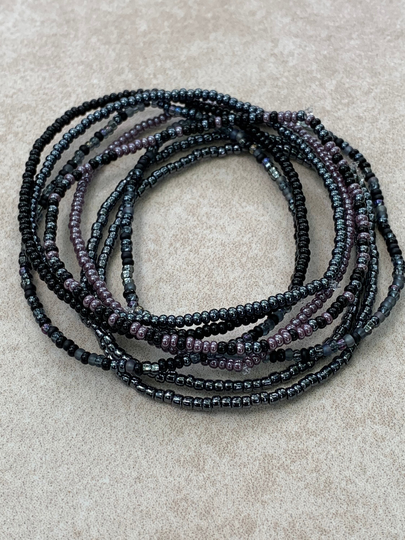 11/0 Gunmetal Rock Tiny Stretch Seed Bead Bracelet Set, Black, Grey, Gunmetal, Ashen Purple Luster Stackable Set