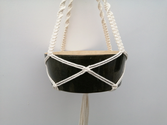 Beautiful Macrame & Vintage Ceramic Hanging Basket/Planter. Made Retro Pottery Bowl/Serving Dish in Dark Green. Lovely Gift
