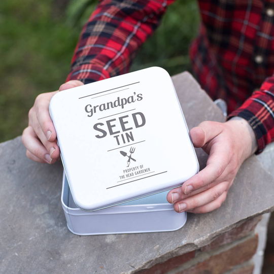 Personalised Garden Seeds Storage Tin, Black/Grey/Red