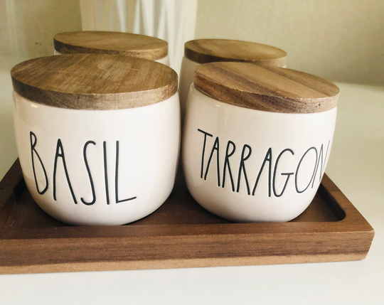 Rae Dunn Spice Cellars With Wooden Lids & Tray-Herbs Holders-Ceramic Herbs Cellar