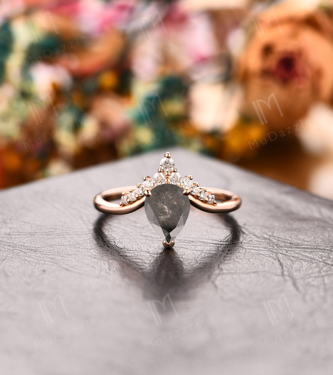 Vintage 6x8mm Pear Shaped Salt & Pepper Diamond Women's Engagement Wedding Ring// & Ring Gold// Promise Proposal