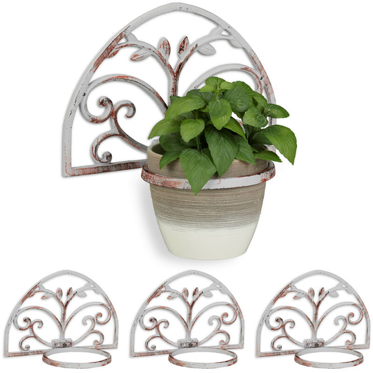 Set of 4 Wall Flower Racks, Cast Iron, Antique Look, Plant Pot Holder, Decorative, Outside, ø 14.5 cm, White - Relaxdays