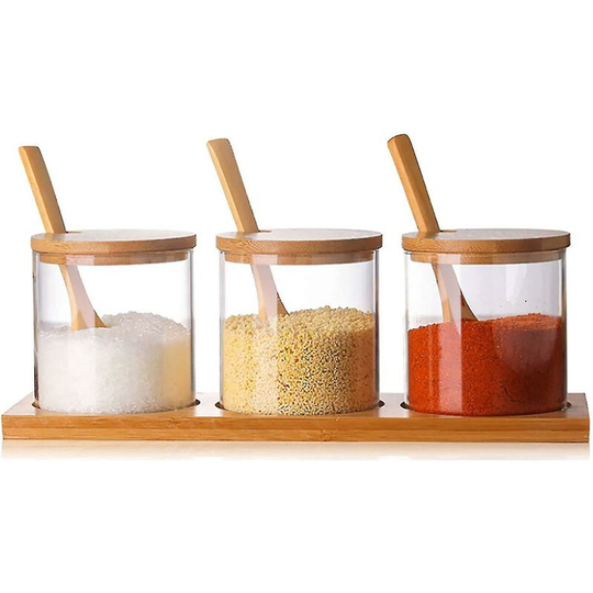 Condiment Container Seasoning Box Set Glass Condiment Canisters Jars with Lid and Wooden Spoon Base