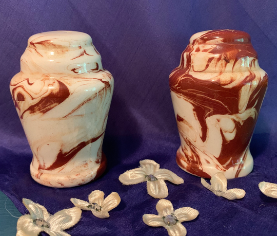 Vintage 70's Signed Clay Salt & Pepper Shakers, Hand Made in Alaska, Marbled Cream Brown, Wedding Gift Idea