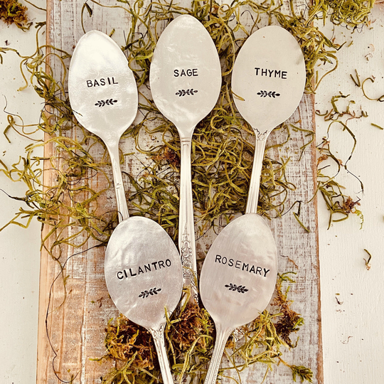 Set Of Five Vintage Spoon Herb Garden Marker, Custom Hand Stamped Plant Markers