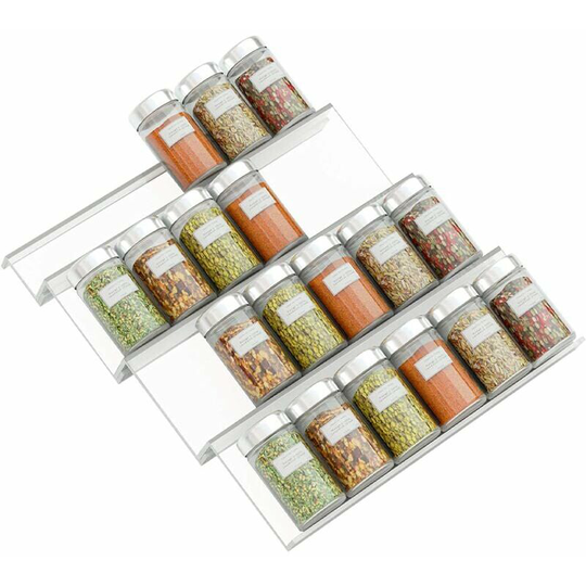 4 Tier - Expandable pvc Spice Rack for Kitchen Drawer - Drawer Storage for Spices, Condiments, Herbs, etc. transparent