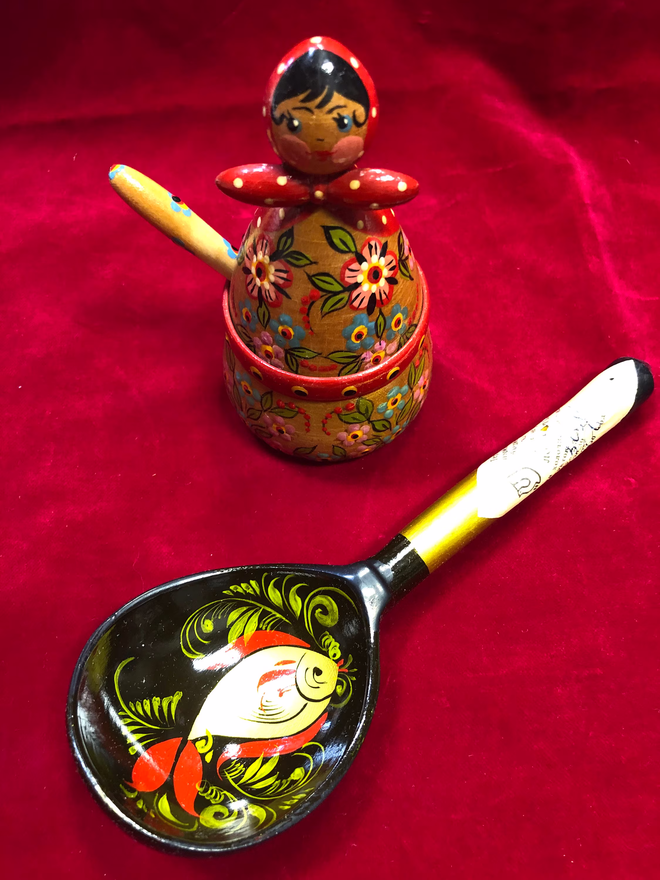 Lot Of Russian Folk Art Hand Painted Lacquer Wooden Black Spoon & Female Figural Salt Or Condiment Container With Spoon - Lacquer