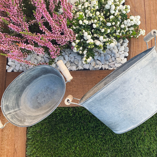 Vintage Zinc Oval Planter With Handles Galvanised Metal Garden Flower Pot Bucket