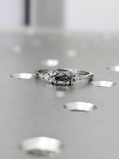 Marquise Salt & Pepper Diamond Wedding Ring, Unique Band, Engagement Minimalist Ring