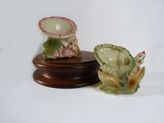 Pair Of Whimsical Vintage Flower Fairy Planters Soft Colors