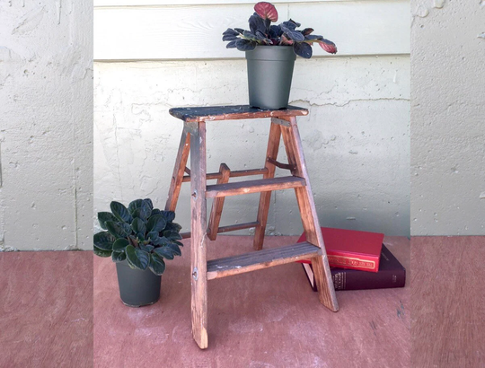 Antique Step LadderPartially Painted Wooden 2 Foot Kitchen StoolUrban Industrial Style PlanterShabby Rustic Plant StandFree Us Shipping