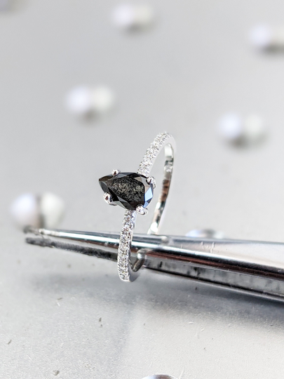 0.5Ct 1920's Raw Salt & Pepper Diamond, Pear Diamond Ring, Unique Engagement Bridal Set, Black, Gray Pear, 14K Yellow, Rose, Or White Gold
