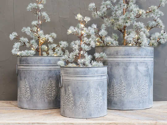 Set Of 3 Christmas Tree Plant Pots - Round Grey Metal Planters Rustic Pot Covers Tubs With Trees Flowerpot Xmas