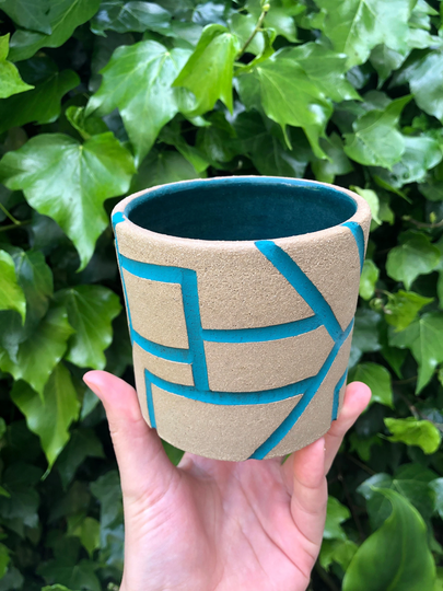 Diagonal Carved Ceramic Planter - Made To Order Brown & Blue Green 4x4 Inches