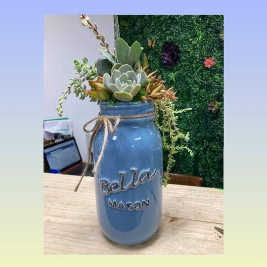 Mason Jar Large Planter/Blue Bella Farmhouse Decor Diy Project Plant Kit /Succulent Cactus Ceramic Arrangement