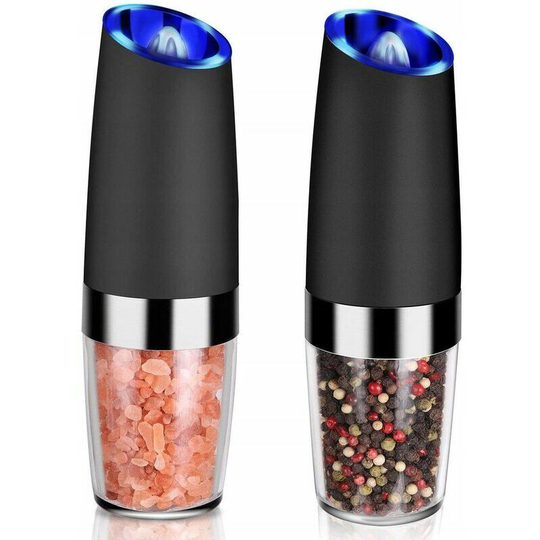Electric salt grinder, pepper, spice, salt shaker, stainless steel pepper, ceramic grinder, 2 pieces with led (black)