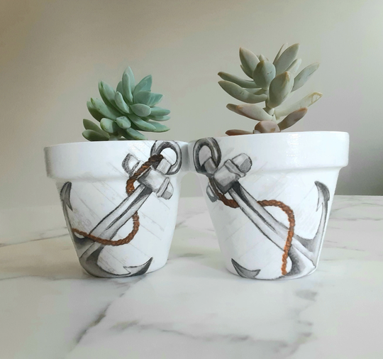 Set Of 2-Anchor Theme Decoupaged Clay Pots-3.5 Inch, Clay Planters, Pots, Beach, Ocean, Sea Terracotta Decoupage Pot