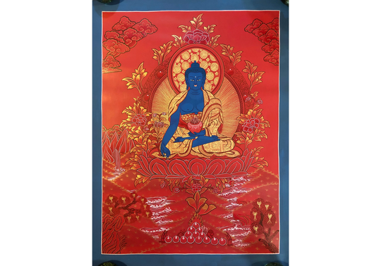 Red Theme 27x20 Inch Medicine Buddha Thangka, Healing Buddha, For Good Health And