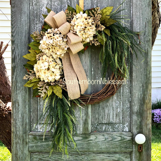 Brand New Farmhouse Wreath, Cream Hydrangea All Season Spring Rustic Home Decor, Summer Wreath