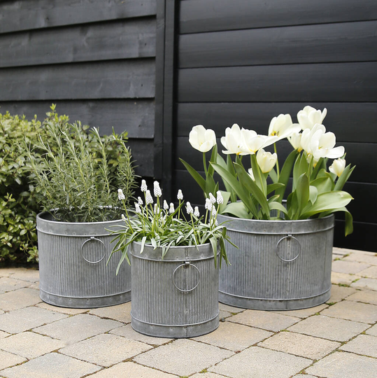 Ribbed Metal Planter With Hoop Handle