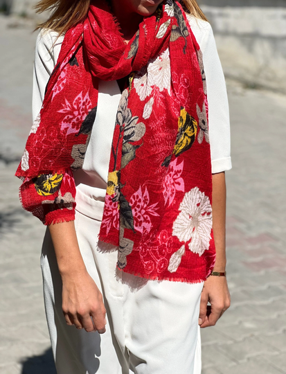 100% Cotton Scarf, All Season Rectangle Best Gift For Her, Bright Red Floral Scarf With Softly Frayed Edges, Christmas