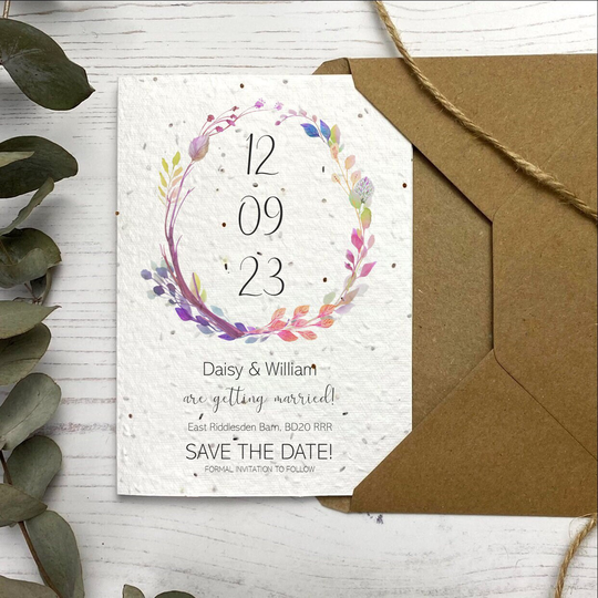 Wildflower Plantable Seed Card Save The Dates, Sustainable Wedding Stationery, Seeded Paper Our Evening, Pretty Boho Invite