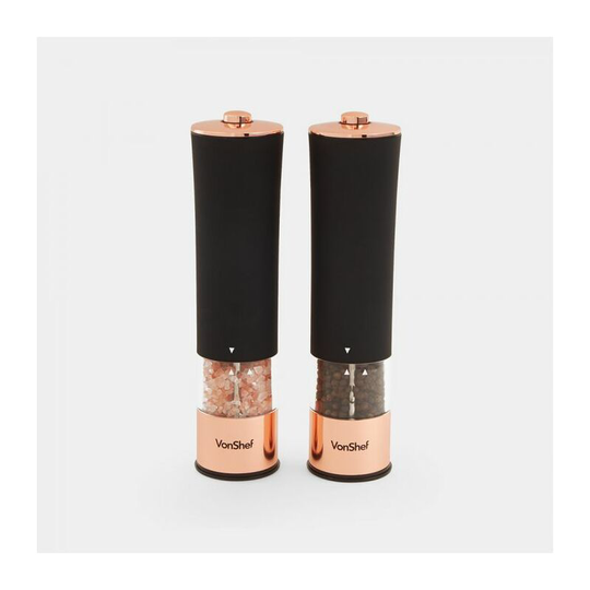 Electric Salt and Pepper Grinders Set - Set of 2 Black & Rose Gold Mills - Shaker Set with Bright Lights - Vonshef