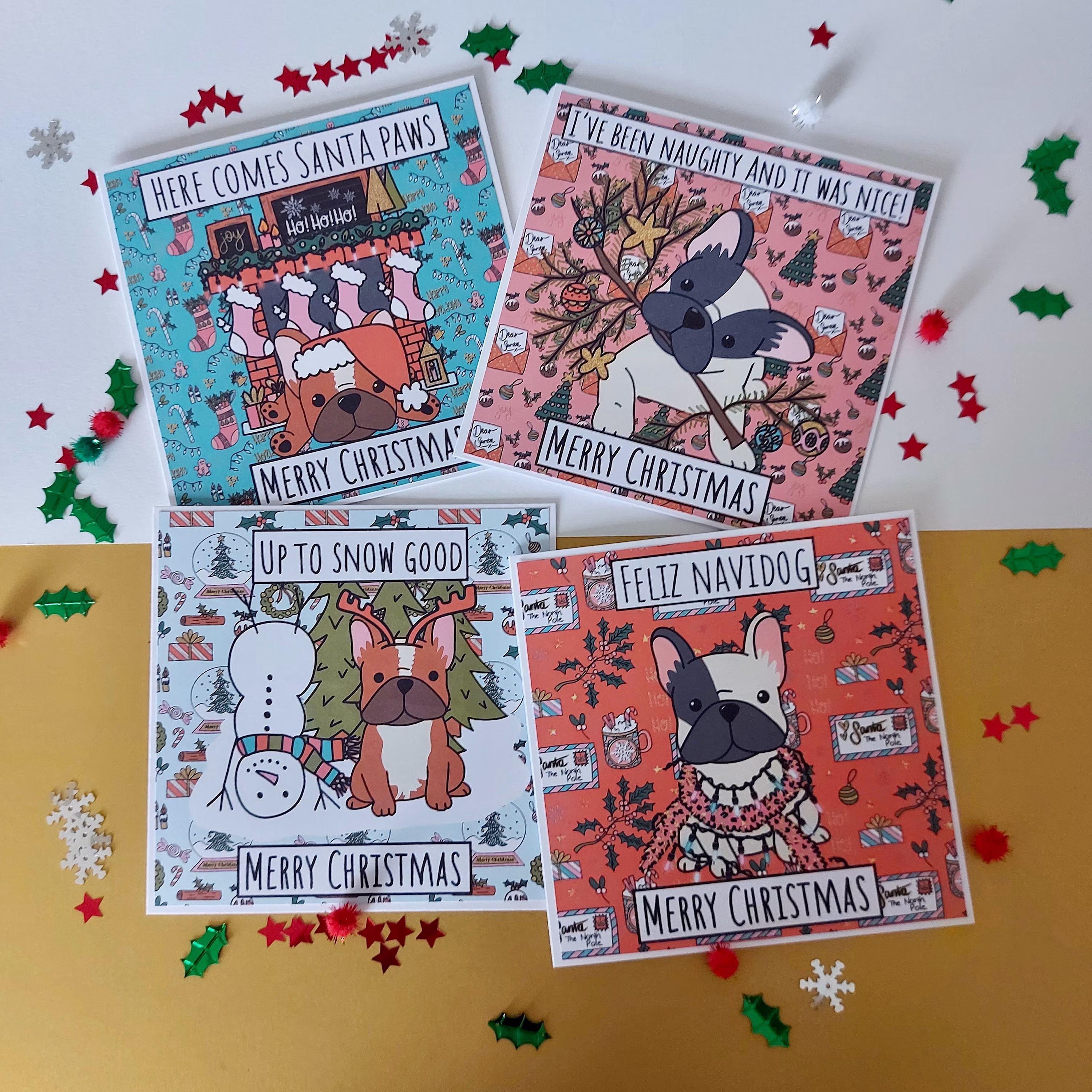 Frenchie French Bulldog Dog Lover Unique Hand Illustrated Original Handmade Christmas Cards Seasons Greetings Happy Holidays Funny Dog Card