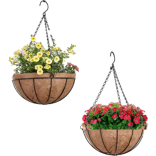 Litzee - Hanging Planter Basket, Metal Wall Basket Liners with Coconut Flower Pots Hanger, Planter Basket, Natural Coconut Fiber Bowl Shaped Liners