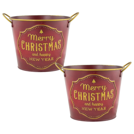 2Pcs 15cm Metal Christmas New Year Red Plant Pot Tin Pail Planter Gold Decor