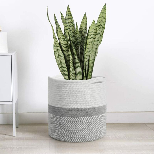 Echoo - Woven Cotton Rope Plant Basket for 10' Flower Pot Floor Indoor Planters, 11" x 11" Storage Basket Organizer Modern Home Decor, Grey and White