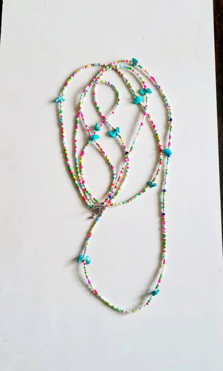 Multi Mixed Turquoise-White Seed Beads Two Row Long Necklace, Necklace, Seed Bead Rope, Boho Multi Necklace