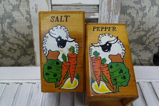 Mid-Century Hand Painted Salt & Pepper Set, Retro Wood Made in Japan Shakers, Vintage Wooden Large Profile