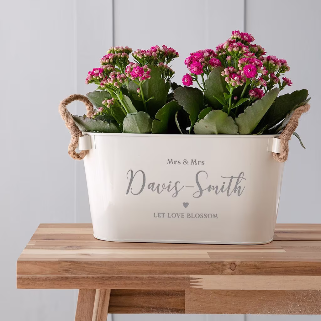 Personalised Enamel Planter - Personalized Name Plant Pot Engraved Gardening Gifts For Men Women Couples Unique Anniversary Present
