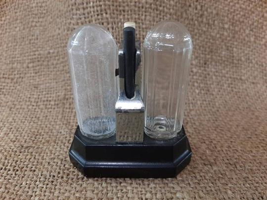 Vintage 1930's Push Button Salt & Pepper Dispenser Black Bakelite Heavy Art Deco Ribbed Glass By Imperial Metal Manufacturing Corp