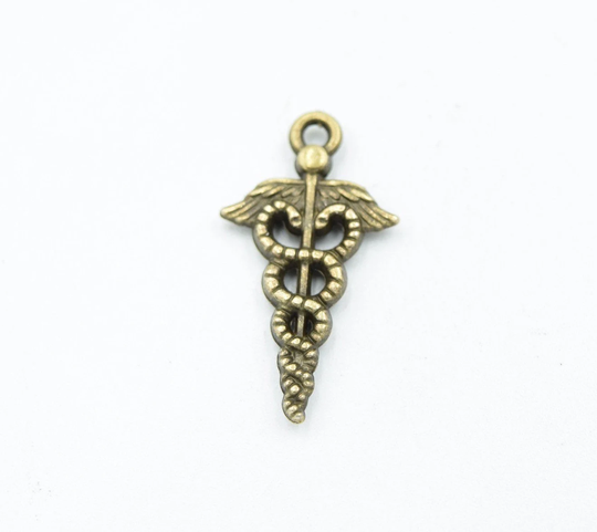 10 Bronze Caduceus Charms, 25mm X 15mm, Medical Symbol, Antique Bronze, Doctor, Medicine, Nurse, Care B54