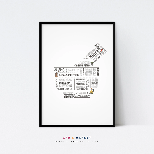 Herbs & Spices Word Art, Mortar Pestle Wall Art - Shipped Giclée Print | Paper, Framed Print, Or Canvas