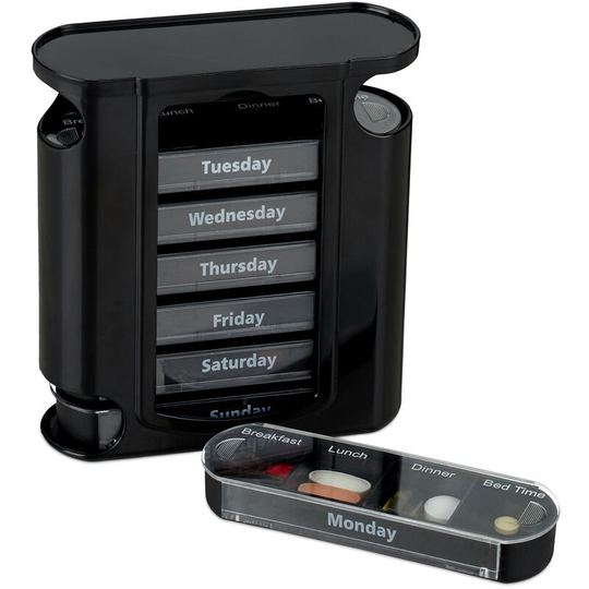 Set of 1 Relaxdays 7-Day Pill Tower, Weekly Medicine Boxes, 4 Compartments, Sliding Lids, Black