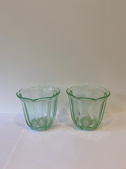 Pair Of Vintage Uranium Green Glass Plant Pot Holders Vaseline Pretty Scalloped Edge Glasses