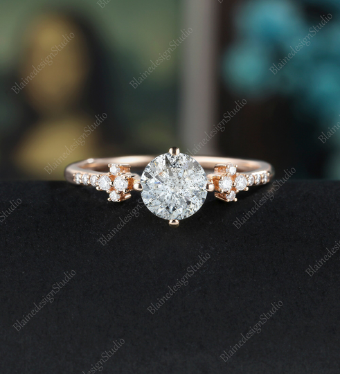 Salt & Pepper Moissanite Engagement Ring, Cluster Ring, Solid Women Rose Gold Ring, Art Deco Half Eternity Round Diamond Gift For Her