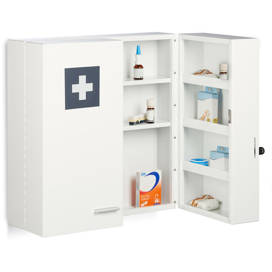 Medicine Cabinet, Lockable, 11 Compartments, Steel, HxWxD: 53 x 53 x 21.5 cm, Double Door, First Aid, White - Relaxdays