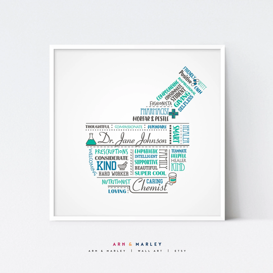 Personalized Mortar & Pestle Word Art, Pharmacy Or Kitchen Themed - Shipped Giclée Print | Paper, Framed Print, Canvas