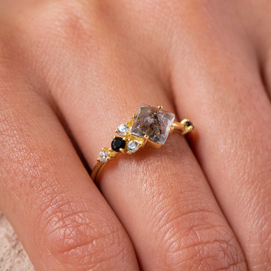 Salt Pepper Diamond Ring, Cluster Vintage Promise 14K Gold Plated Black Spinel Gemstone Engagement Ring Christmas Gift