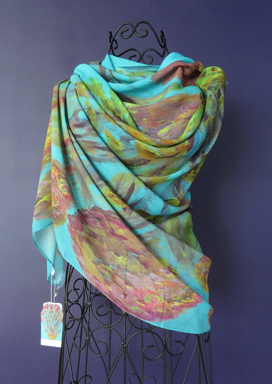 Long All Season Turquoise & Gold Modal Silk Scarf, Unique Gifts For Women, Artistic Natural Fabric Blend Summer Shawl