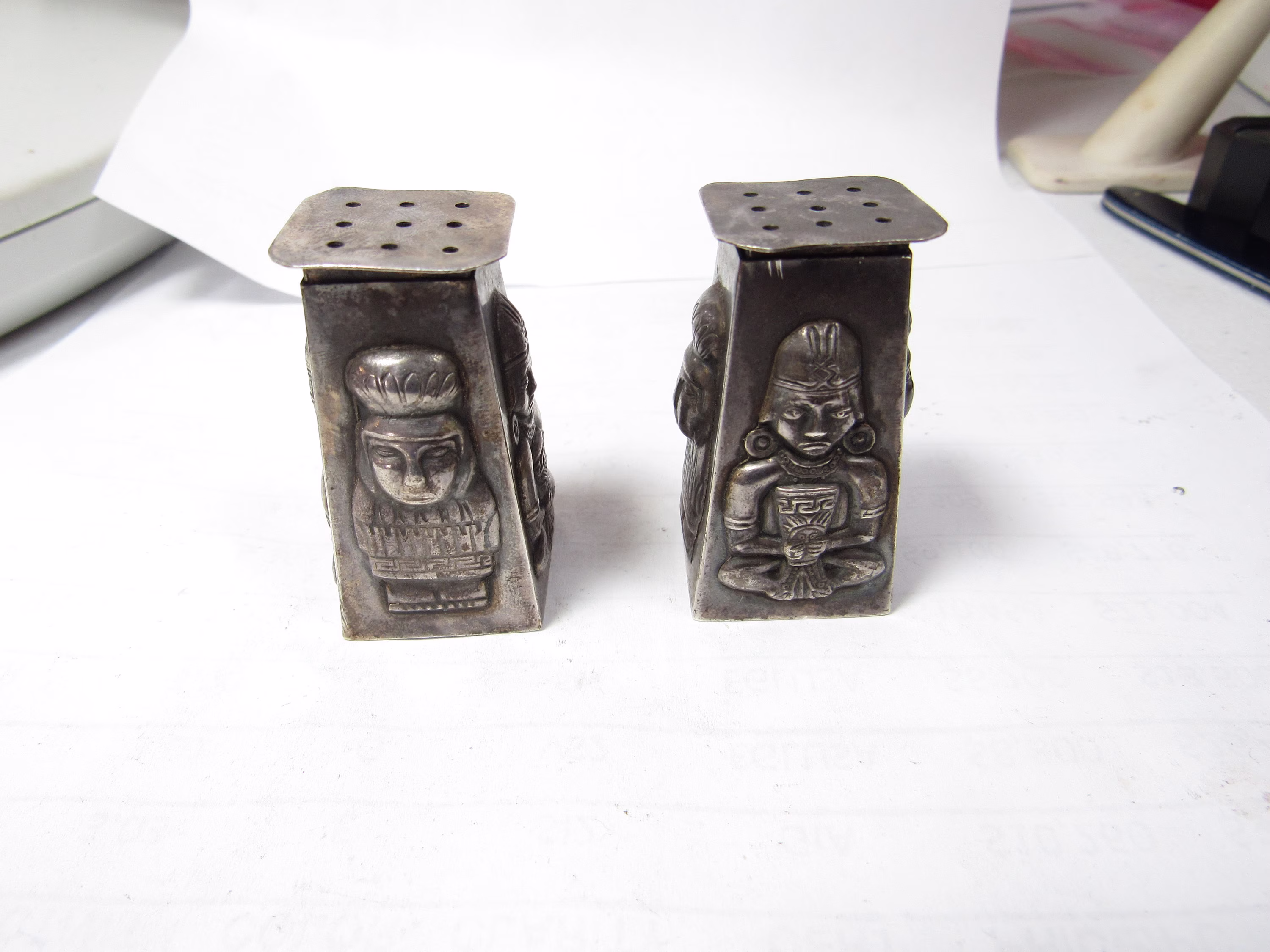 Unusual Peru Sterling Silver Four Sided Figural Salt & Pepper Shakers