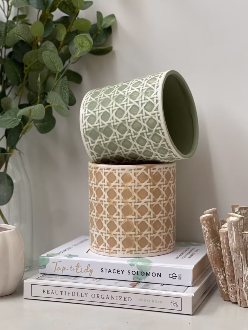 Sage Green Or Stone Rattan Effect Planter - 14cm Plant Pot Cover Matte House Indoor Decorative Ceramic Planters