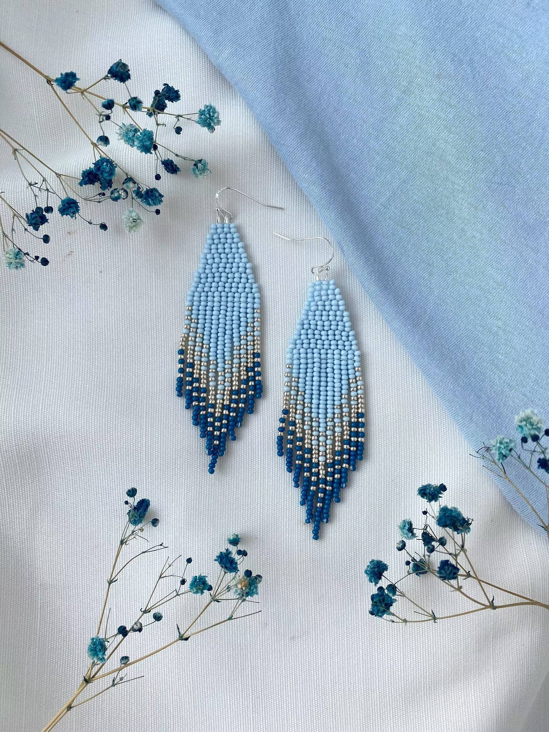 Blue Beaded Earrings Ombre Seed Bead Fringe Dangle Blue/Metallic/Navy Ombre Gift For Her