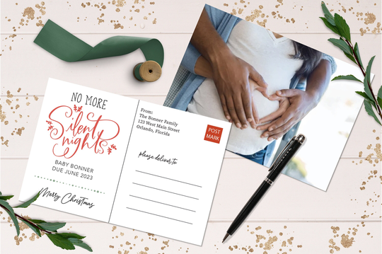 Printed No More Silent Nights Pregnancy Announcement Holiday Photo Postcard, Festive New Baby Sonogram Picture Family Christmas Post Card