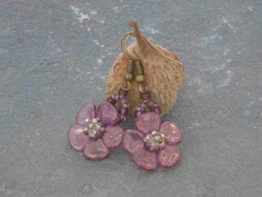 Hellebore Earrings, Czech Seed Bead & Glass Petal in Purple Pale Yellow Beads, UK Seller