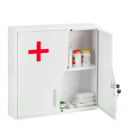 Medicine Cabinet, Lockable, 5 Compartments, Steel, HxWxD: 53 x 53 x 14.5 cm, Double Door, First Aid, White - Relaxdays